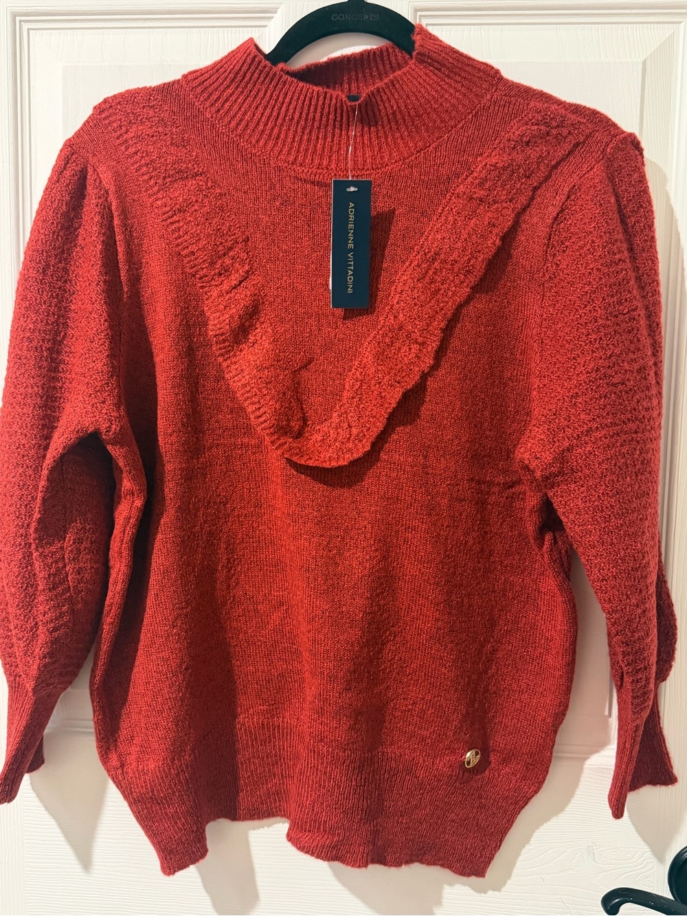 Adrienne Vittadini Red Ruffle Mock Neck Sweater